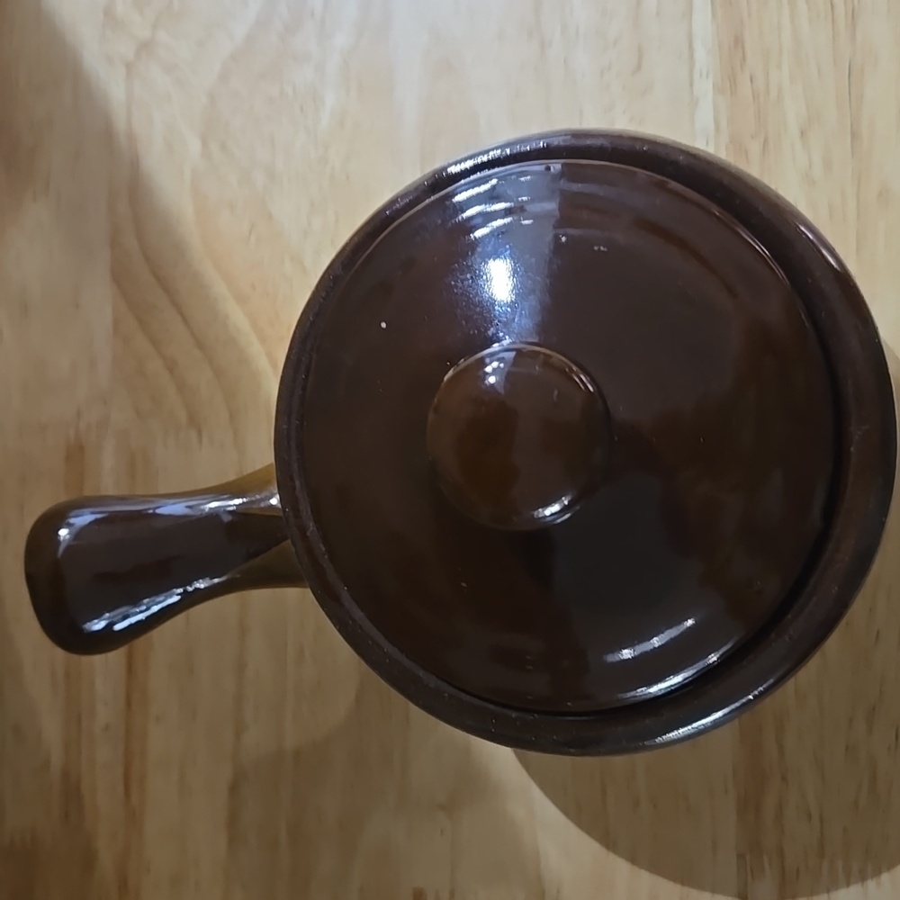 Antique Brown and Cream Ceramic Soup Bowl with Handle - Picture 5 of 9
